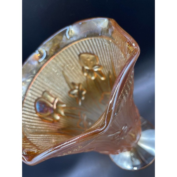 Vintage Jeanette Carnival/Depression Glass Vase Marigold Herringbone Iris - Picture 5 of 10